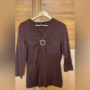 Jones New York Chocolate Brown Blouse with Gold Ring Accent